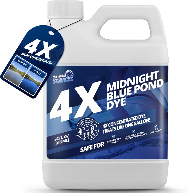 Not Rocket Sciences 32oz Midnight Blue Pond Dye, 4X Concentrate Pond Dye Blue, Dark Natural Looking Aquashade for Beautiful Lake Water, Long-Lasting Colorant, Protects Against Sunlight - Ideal for Fish & Wildlife - Image 1